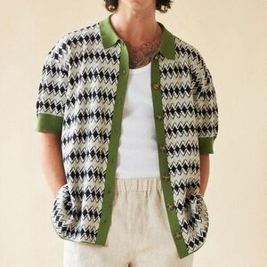 BOUND Norcia button down polo - green and cream diamond pattern nwt